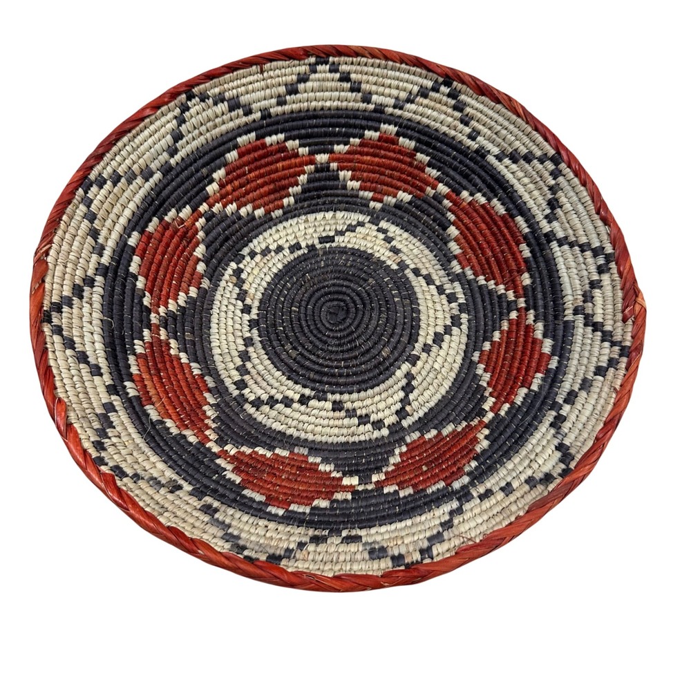 Handwoven Navajo Inspired Decorative Basket Red‎ Black Geo Sunburst 14 inch